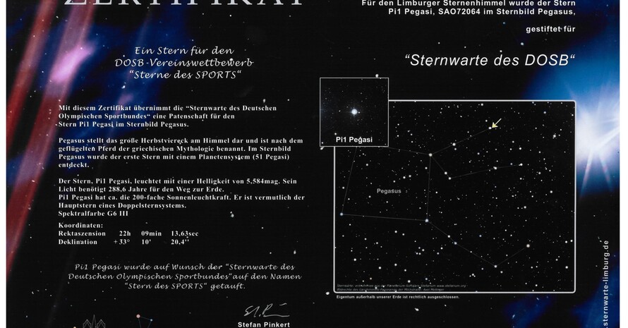 Das Zertifikat der Sternwarte Limburg für den „Stern des Sports" (Bild: DOSB/BVR)